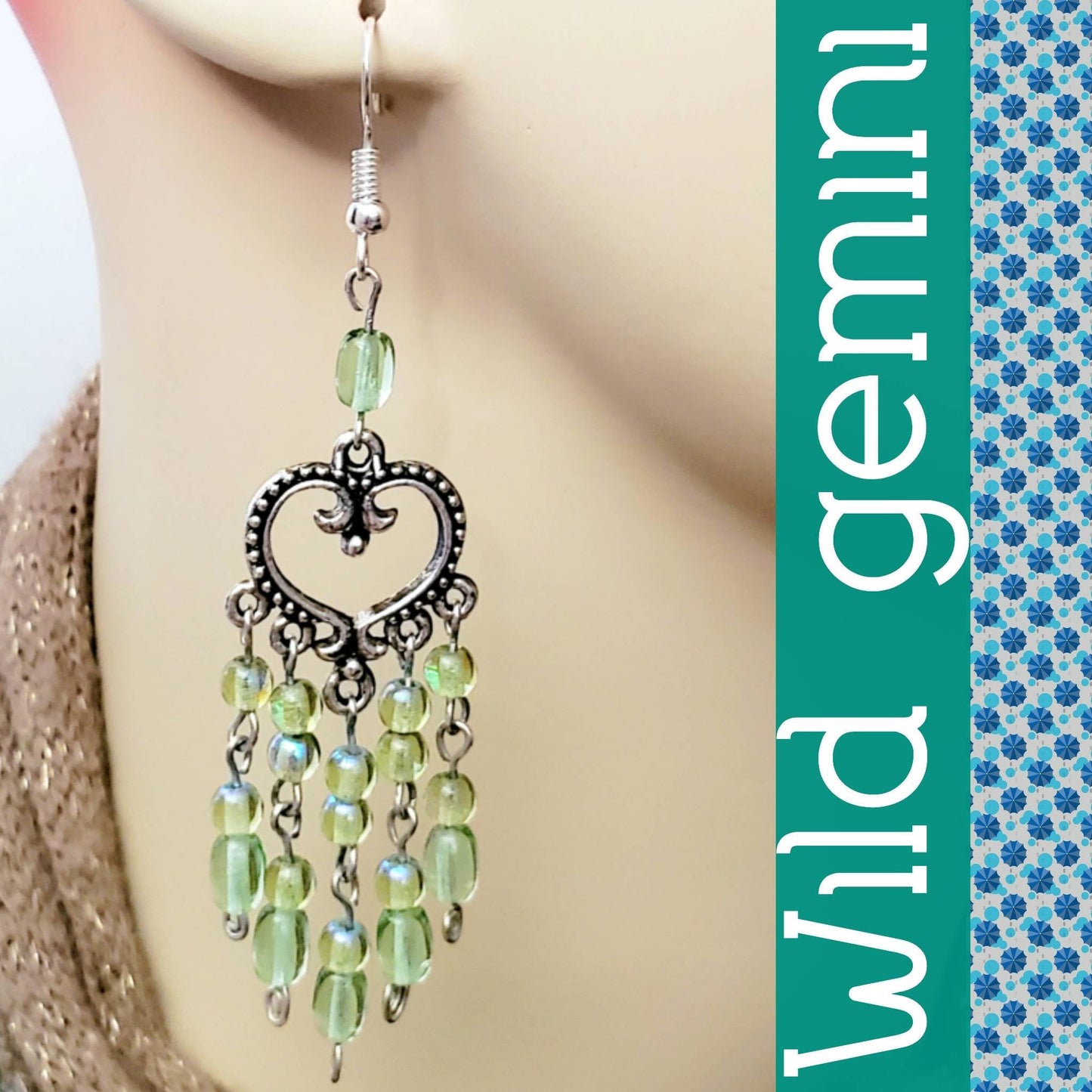Boho Green Heart Chandelier Earrings – Handmade Silver Dangles with Green Beads & Silver Wire, 3” Long