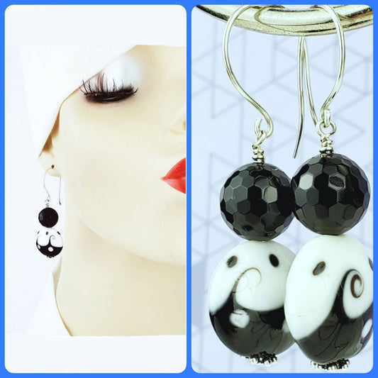 Sterling Silver Onyx Earrings – Handmade Black & White Ceramic Dangles with Faceted Onyx & .925 Silver, 2” Long
