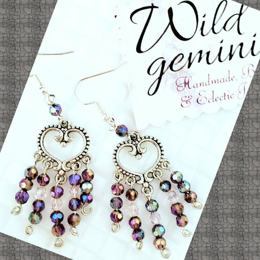 Boho Heart Earrings – Handmade Silver Dangles with Purple Glass Beads & Wire Wrapped Heart Charms, 2.5” Long