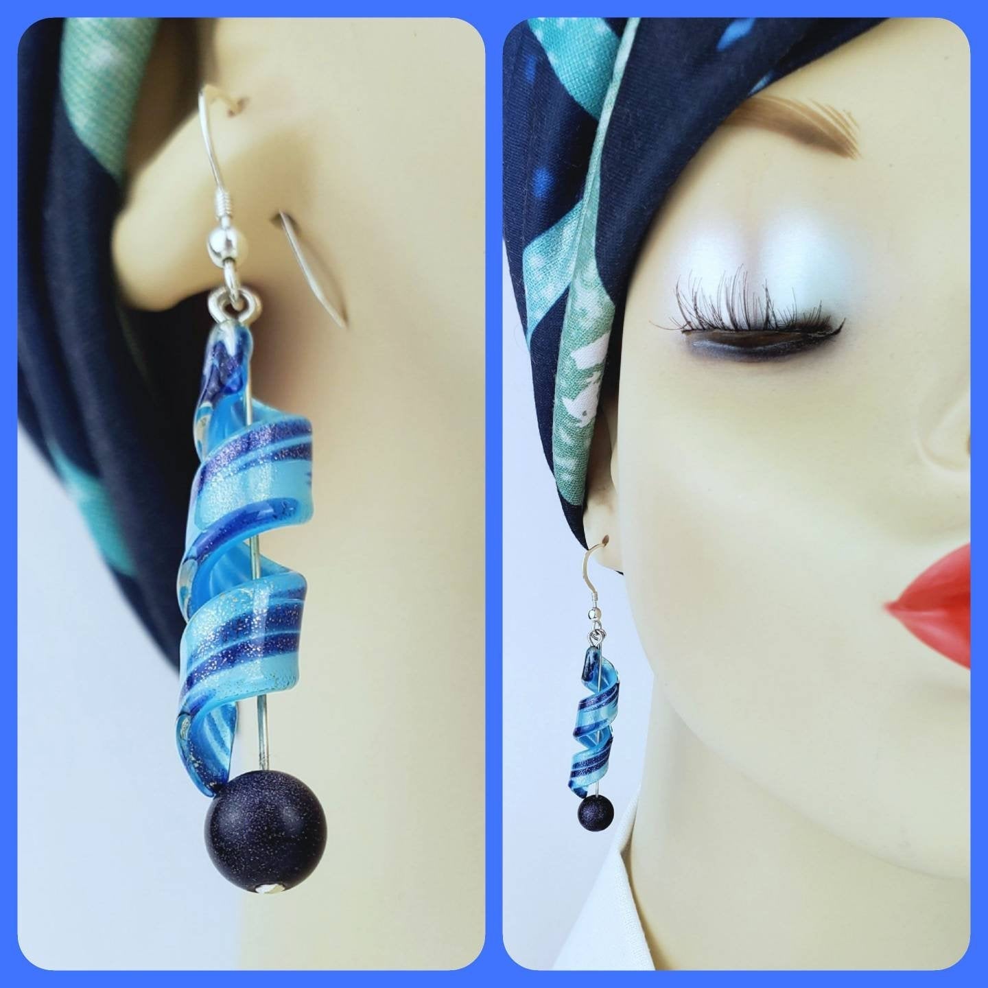 Sterling Silver Lampwork Glass Earrings – Handmade Spiral Glass Dangles with Blue Goldstone Beads, 2.5” Long