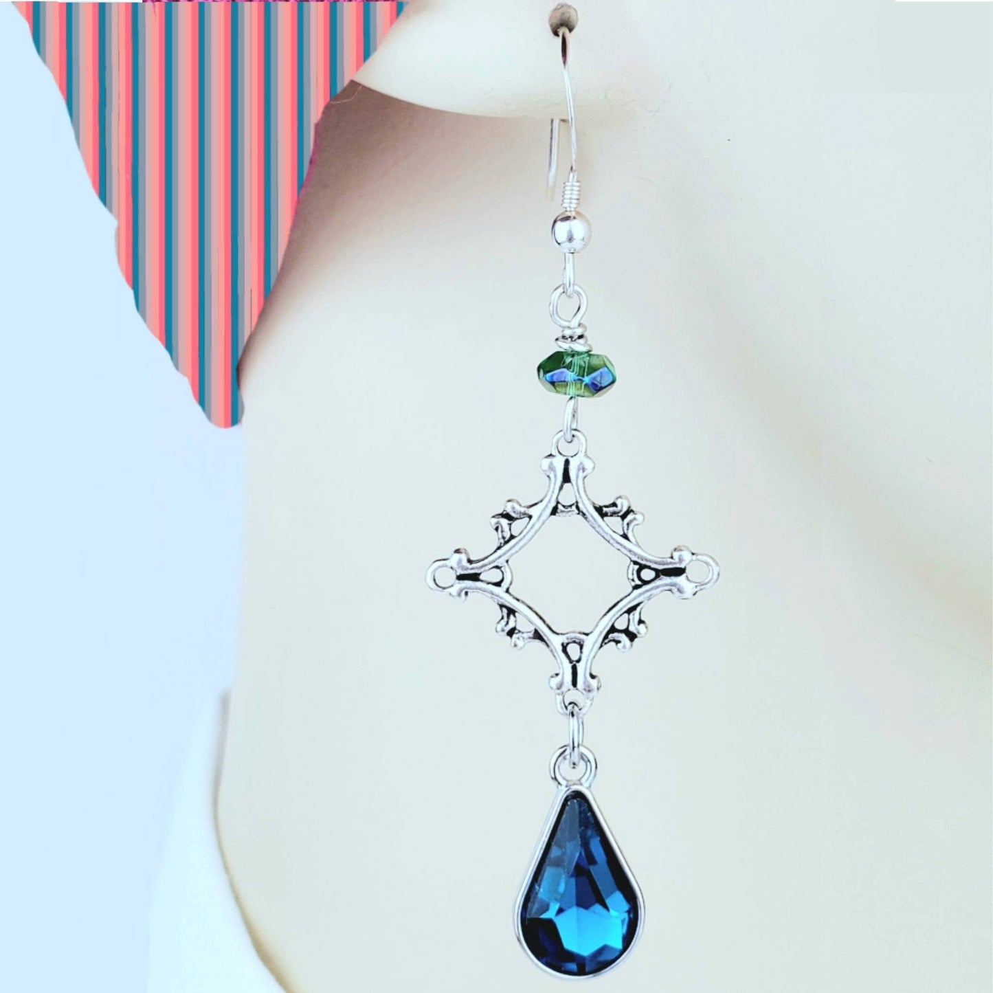 Silver Cross Earrings – Handmade Dangles with Blue Teardrop Glass Beads & Silver Wire, 2” Long