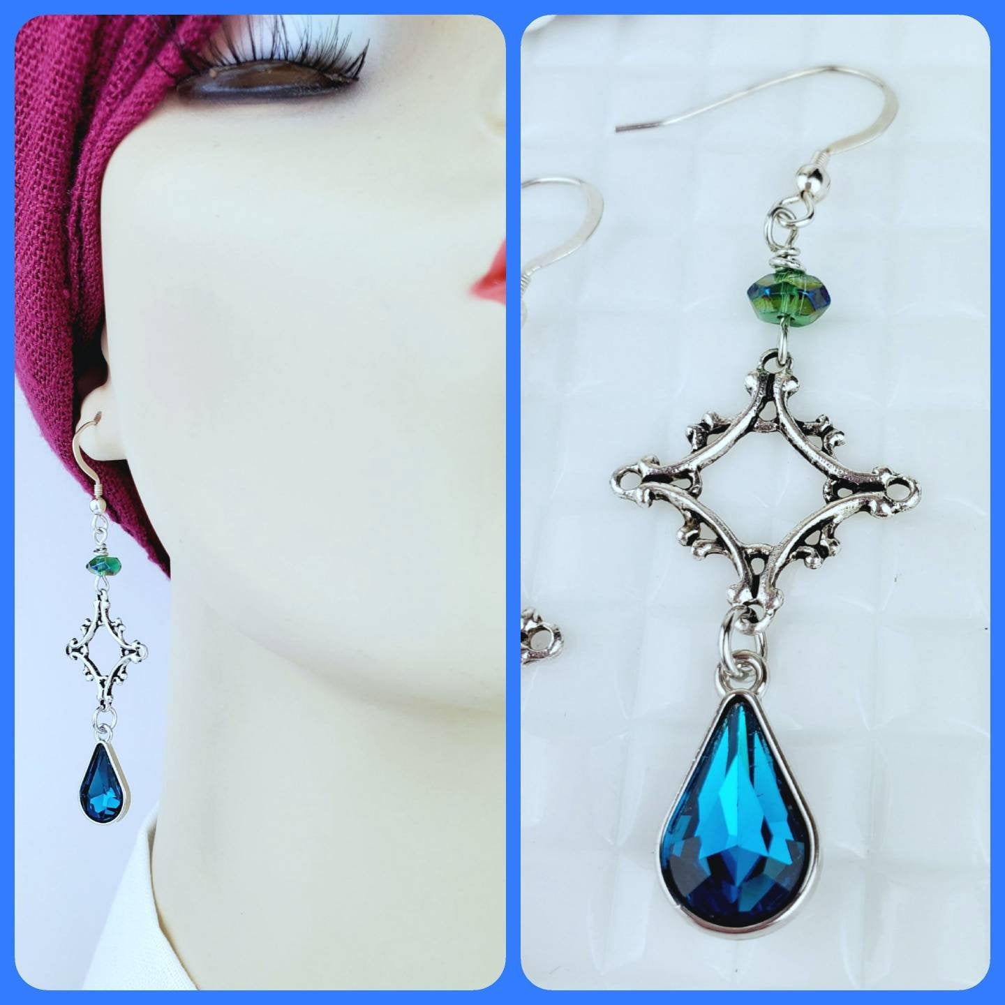 Silver Cross Earrings – Handmade Dangles with Blue Teardrop Glass Beads & Silver Wire, 2” Long