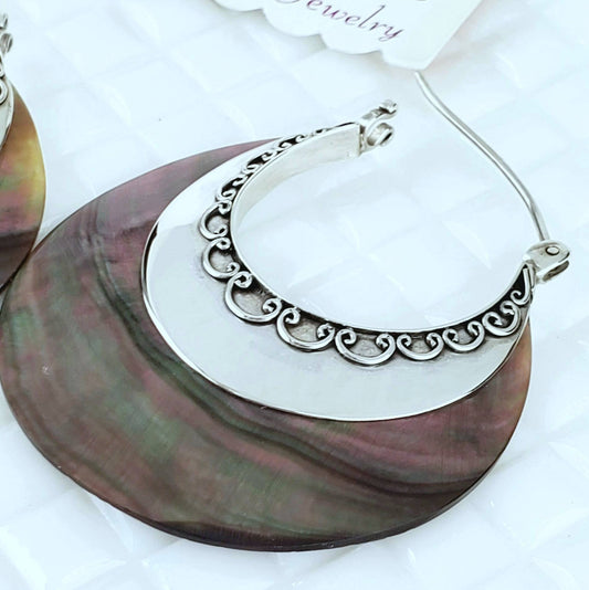 Sterling Silver Mother of Pearl Earrings – Handmade Shell Dangles, 2” Long x 1.5” Wide