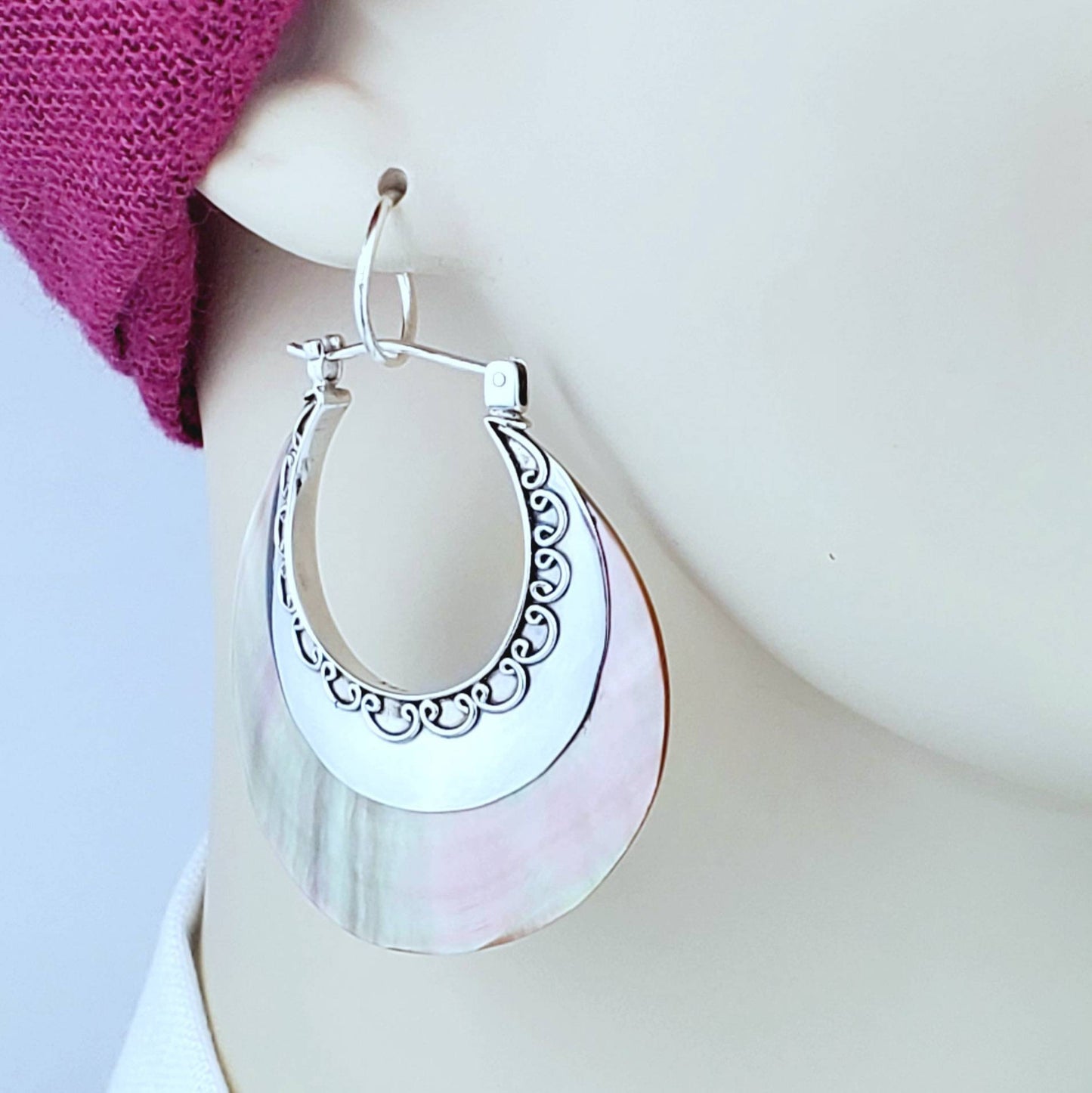 Sterling Silver Mother of Pearl Earrings – Handmade Shell Dangle Earrings, 2” Long x 1.5” Wide