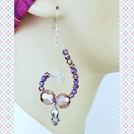 Sterling Silver Purple Glass Earrings – Handmade Faceted Bead Dangles, 3” Long x 1.5” Wide