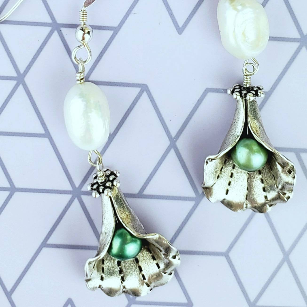 Sterling Silver Pearl Flower Earrings – Handmade Petal Dangles with White & Green Freshwater Pearls, 2” Long