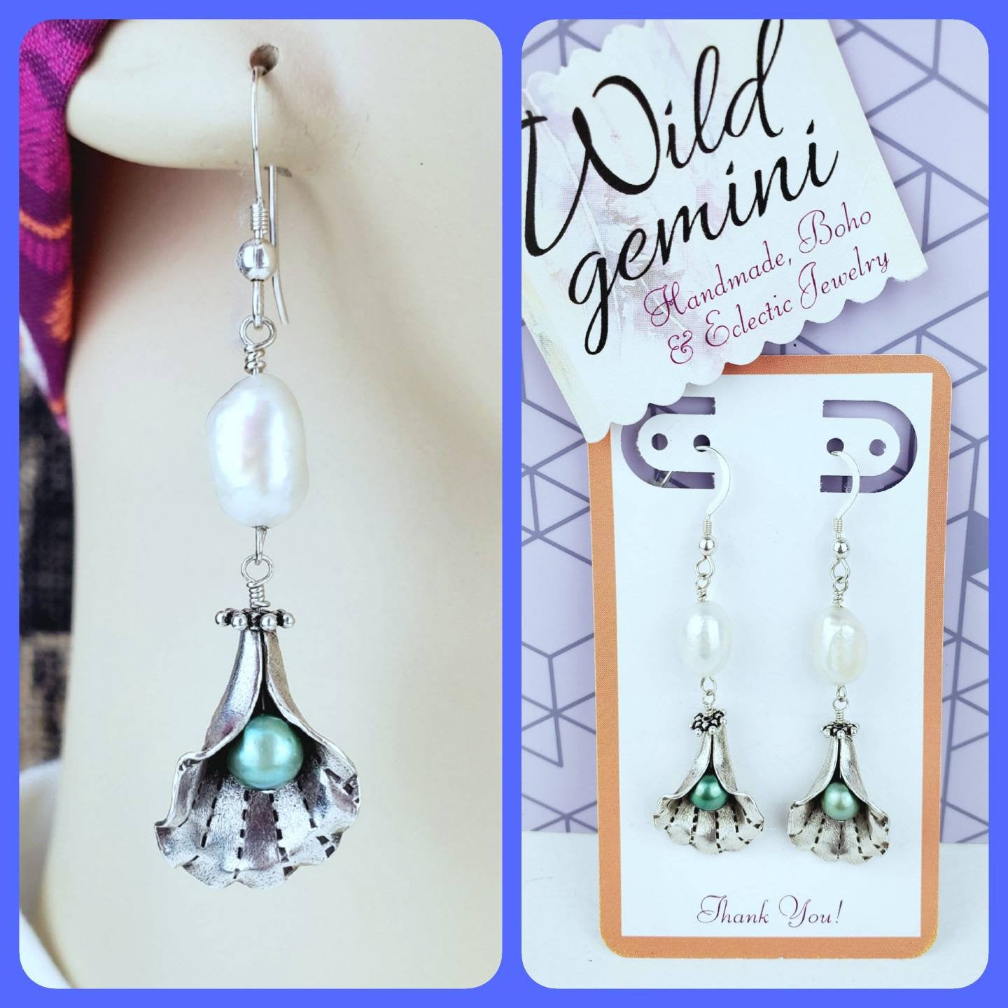 Sterling Silver Pearl Flower Earrings – Handmade Petal Dangles with White & Green Freshwater Pearls, 2” Long