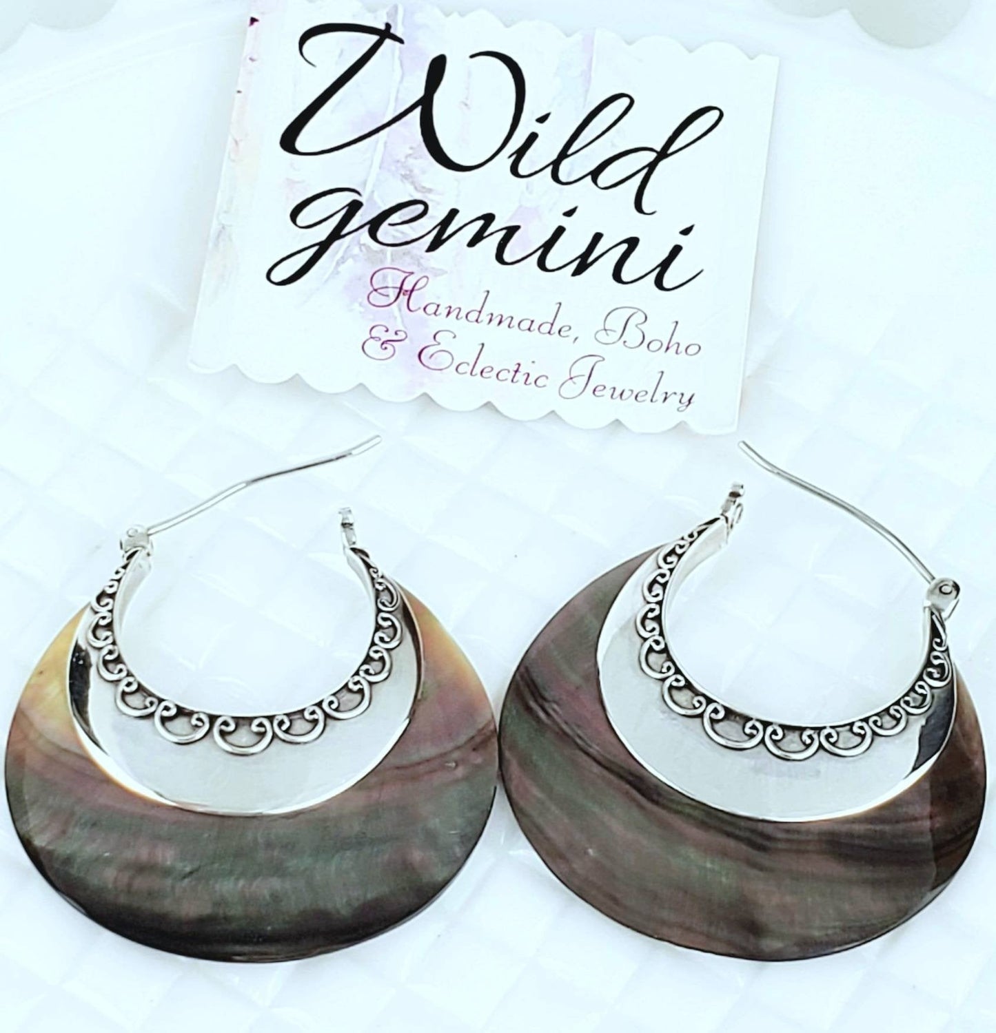 Sterling Silver Mother of Pearl Earrings – Handmade Shell Dangles, 2” Long x 1.5” Wide