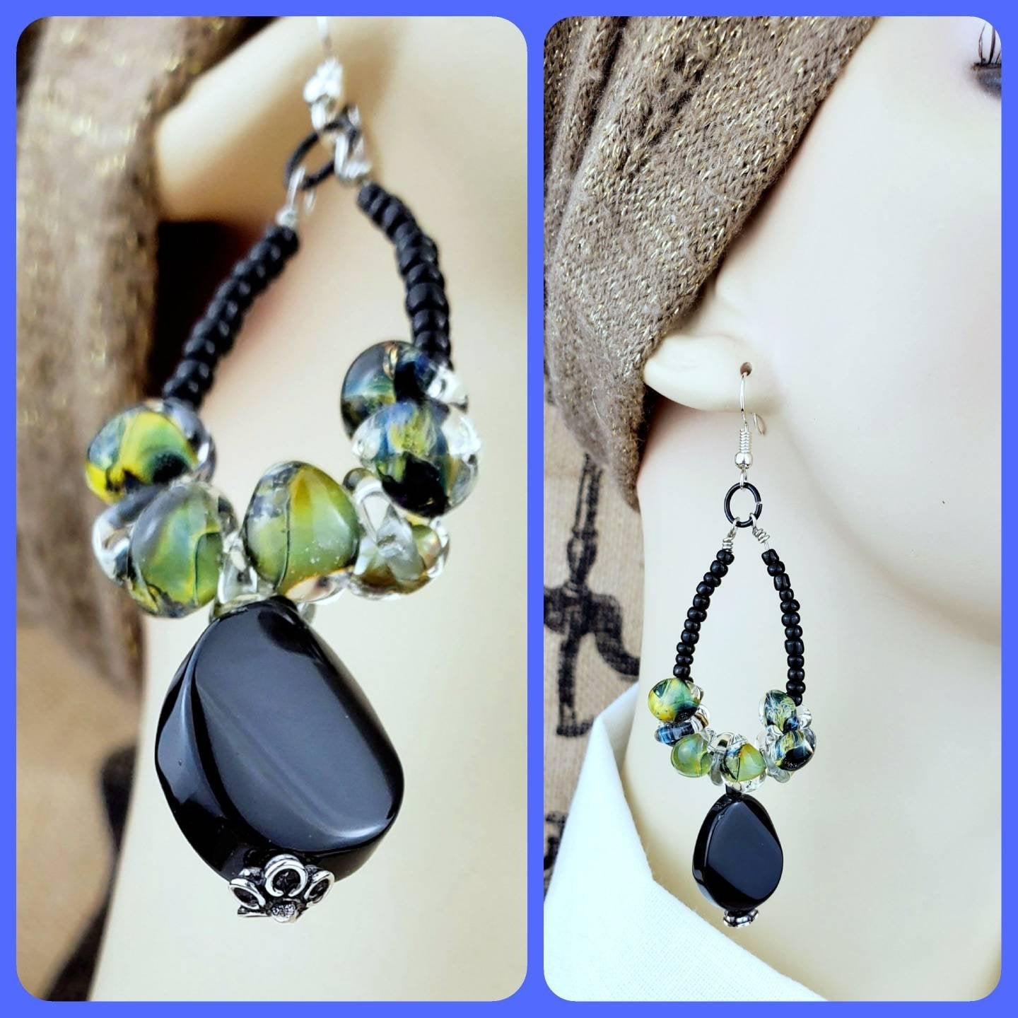Boho Green Lampwork Earrings – Handmade Dangles with Black Onyx, Sea Beads & Silver Wire, 3.5” Long