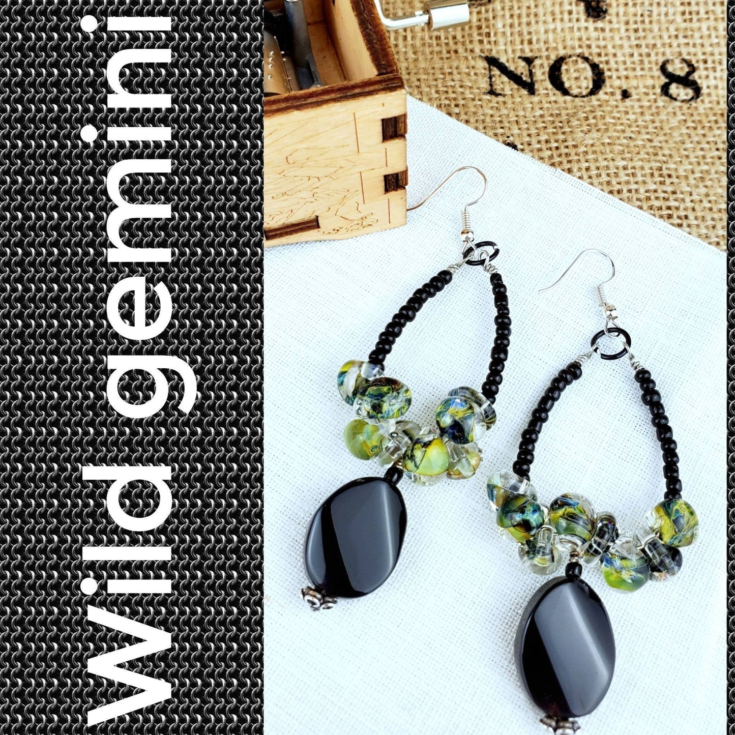 Boho Green Lampwork Earrings – Handmade Dangles with Black Onyx, Sea Beads & Silver Wire, 3.5” Long