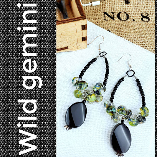 Boho Green Lampwork Earrings – Handmade Dangles with Black Onyx, Sea Beads & Silver Wire, 3.5” Long