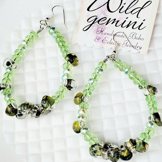 Boho Green Glass Hoop Earrings – Handmade Dangles with Lampwork Beads & Silver Hooks, 3” Long x 2” Wide
