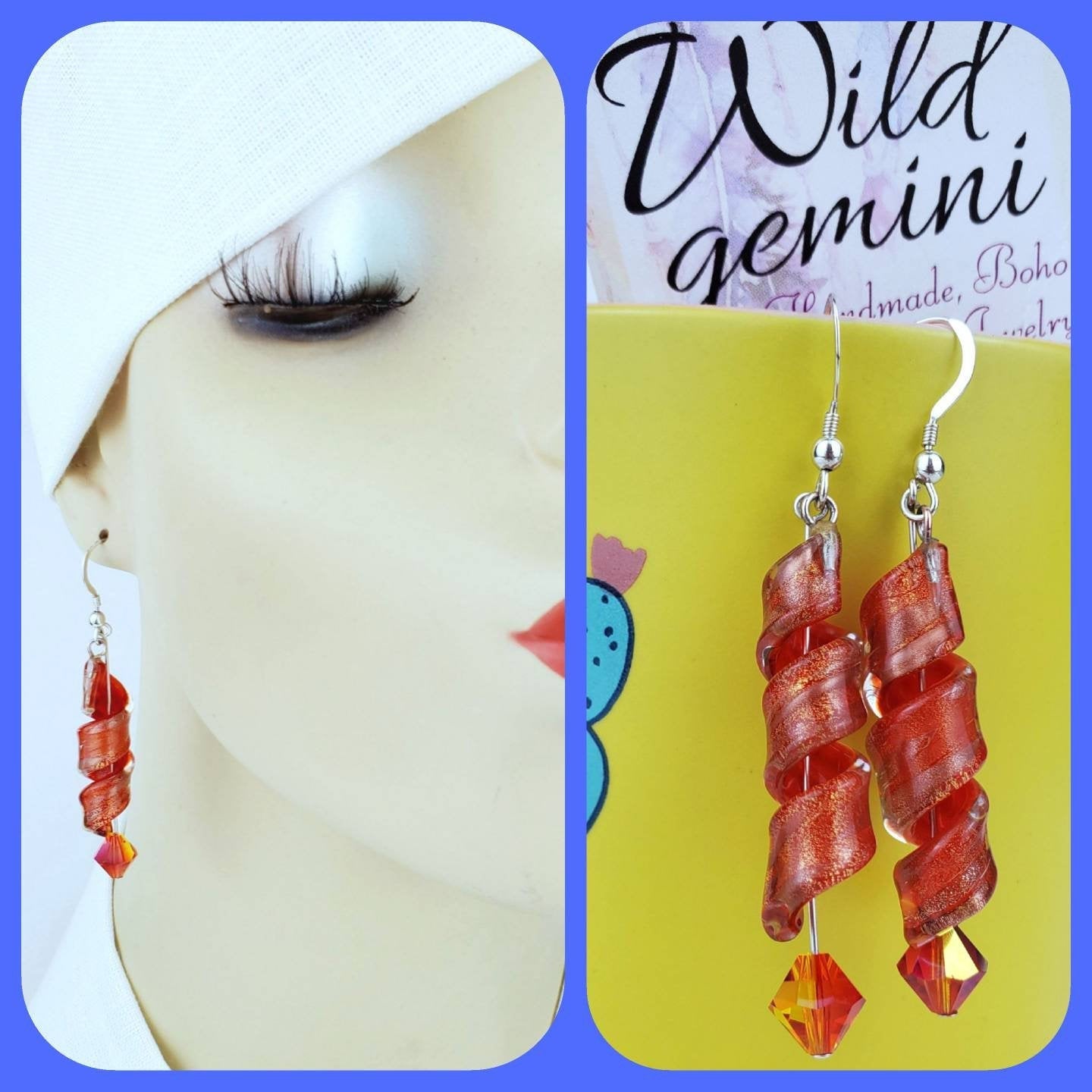 Sterling Silver Lampwork Earrings – Handmade Spiral Glass Dangles with Swarovski Bicone Crystals, 2.5” Long