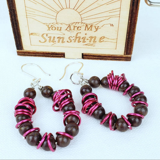 Boho Crazy Horse Jasper Earrings – Handmade Dangles with Pink Jump Rings, Silver Wire & Natural Stones, 2.25” Long
