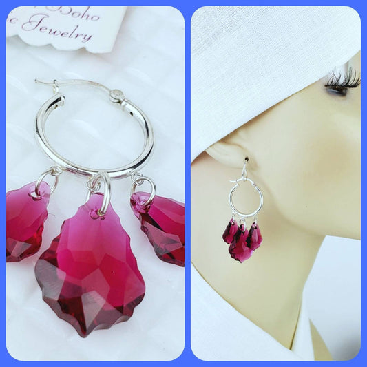 Sterling Silver Hoop Earrings – Handmade Ruby Red Swarovski Chandelier Crystals on 20mm Hoops, 2” Long
