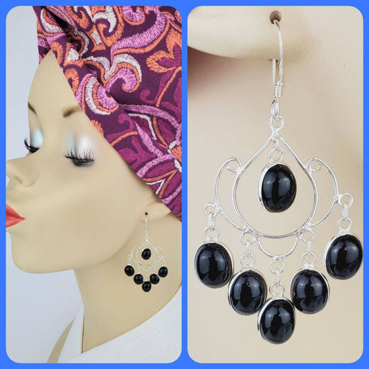 Sterling Silver Black Onyx Earrings – Handmade .925 Silver Dangles with Oval Onyx Stones, 2.25” Long Statement Earrings
