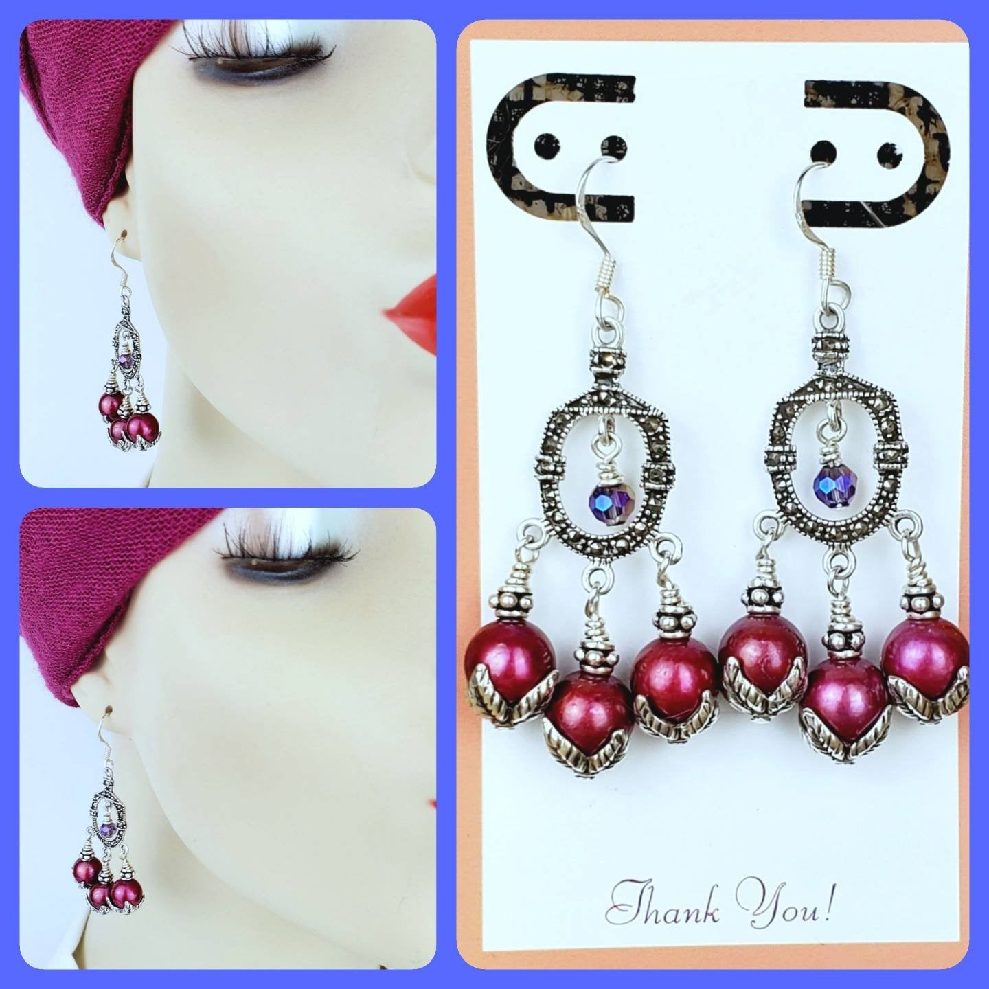 Sterling Silver Marcasite Earrings – Fuchsia Freshwater Pearl Dangles with Purple Crystals & All .925 Silver, 2.25” Long