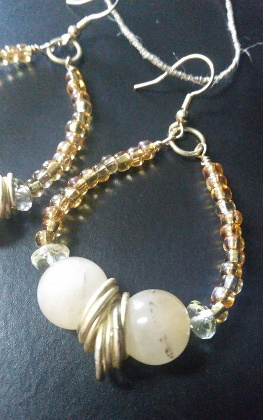 Boho Citrine Hoop Earrings – Handmade Yellow Stone Dangles with Seed Beads, Gold Hooks & Jump Rings, 2.5” Long