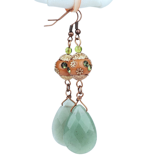 Boho Aventurine Teardrop Earrings – Handmade Copper Dangles with Faceted Stones & 10mm Beads, 3” Long