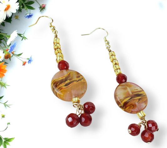 Boho Ruby & Jasper Earrings – Handmade Gold Dangles with Glass Disc Beads & Seed Beads, 3.25” Long