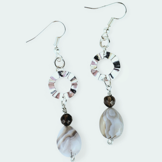 Boho Jasper Teardrop Earrings – Handmade Silver Dangles with Glass Beads, Wire Wrap & Signature Curl Hooks, 2.75” Long