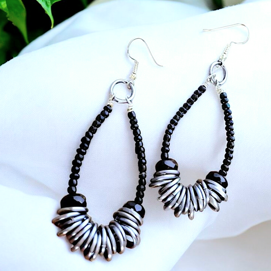 Boho Onyx Dangle Earrings – Handmade Black Seed Bead Jewelry with Gunmetal & Silver Wire, 3” Long Statement Earrings