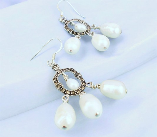 Sterling Silver Pearl Earrings – Handmade Marcasite Dangles with White Freshwater Pearls, 2” Long