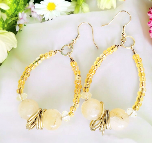 Boho Citrine Hoop Earrings – Handmade Yellow Stone Dangles with Seed Beads, Gold Hooks & Jump Rings, 2.5” Long