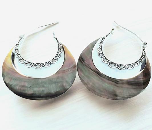 Sterling Silver Mother of Pearl Earrings – Handmade Shell Dangles, 2” Long x 1.5” Wide