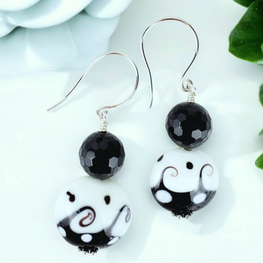 Sterling Silver Onyx Earrings – Handmade Black & White Ceramic Dangles with Faceted Onyx & .925 Silver, 2” Long