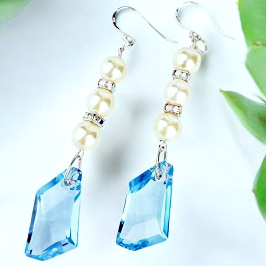 Sterling Silver Pearl & Crystal Earrings – Handmade Dangles with Blue Nuggets & Rhinestone Rondelles, 3” Long