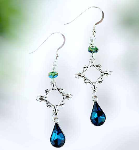 Silver Cross Earrings – Handmade Dangles with Blue Teardrop Glass Beads & Silver Wire, 2” Long