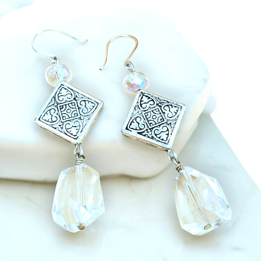 Boho Clear Glass Earrings – Handmade Silver Dangles with Glass Nuggets & Diamond Beads, 2.75” Long