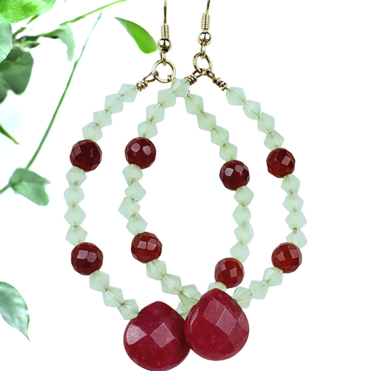 Boho Ruby & Aventurine Hoop Earrings – Handmade Gold Dangles with Teardrop Stones & Semi-Precious Gems, 3” Long