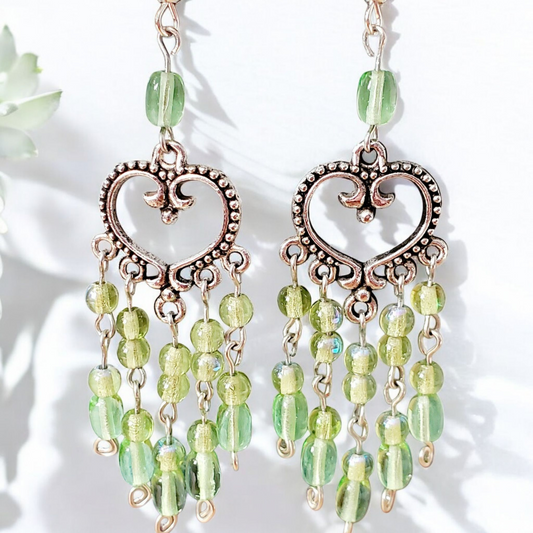 Boho Green Heart Chandelier Earrings – Handmade Silver Dangles with Green Beads & Silver Wire, 3” Long