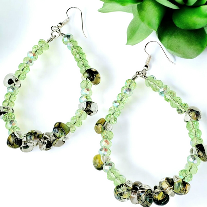 Boho Green Glass Hoop Earrings – Handmade Dangles with Lampwork Beads & Silver Hooks, 3” Long x 2” Wide