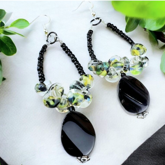 Boho Green Lampwork Earrings – Handmade Dangles with Black Onyx, Sea Beads & Silver Wire, 3.5” Long