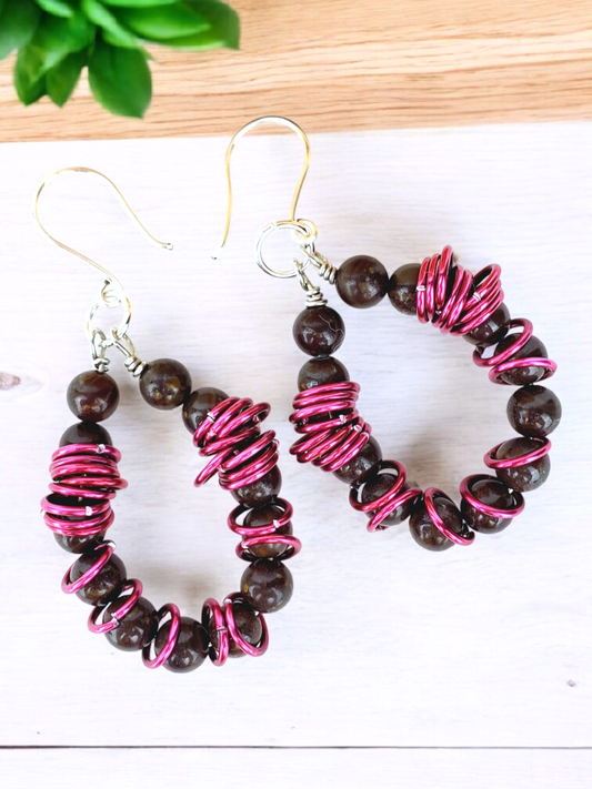 Boho Crazy Horse Jasper Earrings – Handmade Dangles with Pink Jump Rings, Silver Wire & Natural Stones, 2.25” Long