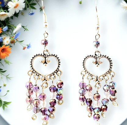 Boho Heart Earrings – Handmade Silver Dangles with Purple Glass Beads & Wire Wrapped Heart Charms, 2.5” Long