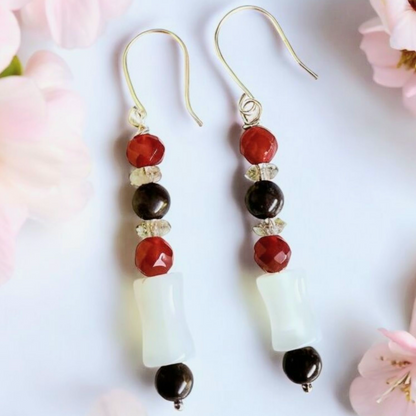 Sterling Silver Gemstone Earrings – Handmade Dangles with Opal Moonstone, Carnelian & Crazy Horse Jasper, 2.25” Long