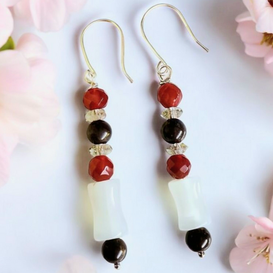 Sterling Silver Gemstone Earrings – Handmade Dangles with Opal Moonstone, Carnelian & Crazy Horse Jasper, 2.25” Long