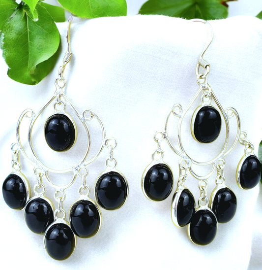 Sterling Silver Black Onyx Earrings – Handmade .925 Silver Dangles with Oval Onyx Stones, 2.25” Long Statement Earrings