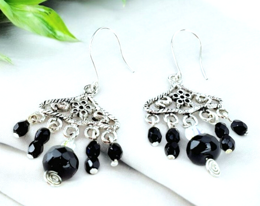Boho Onyx Chandelier Earrings – Handmade Silver Dangles with Black Glass Beads & Semi-Precious Stones, 2.25” Long