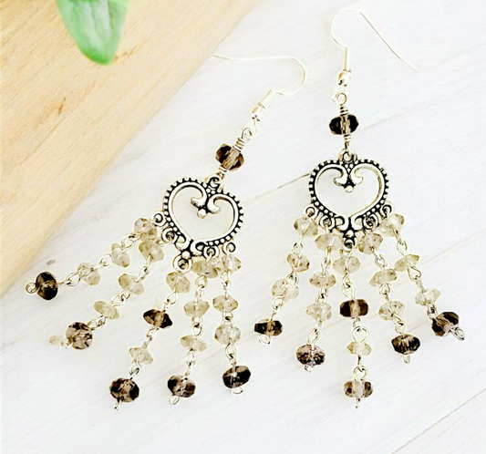 Boho Smokey Glass Chandelier Earrings – Handmade Silver Dangles with Heart Detail & Hook Ear Wires, 3” Long