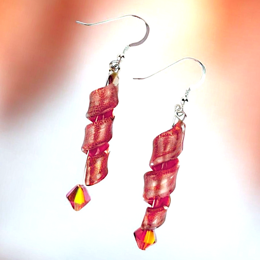 Sterling Silver Lampwork Earrings – Handmade Spiral Glass Dangles with Swarovski Bicone Crystals, 2.5” Long