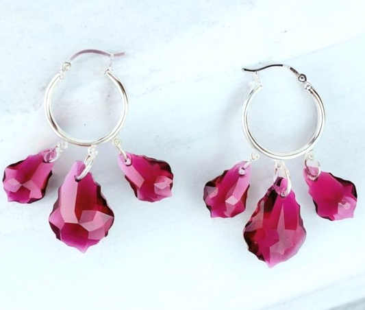 Sterling Silver Hoop Earrings – Handmade Ruby Red Swarovski Chandelier Crystals on 20mm Hoops, 2” Long