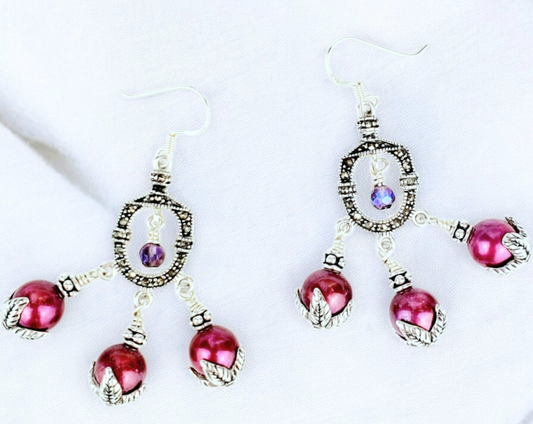 Sterling Silver Marcasite Earrings – Fuchsia Freshwater Pearl Dangles with Purple Crystals & All .925 Silver, 2.25” Long