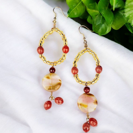 Boho Jasper & Carnelian Earrings – Handmade Golden Dangles with Seed Beads, Glass Discs & Wire Wrap, 3.5” Long