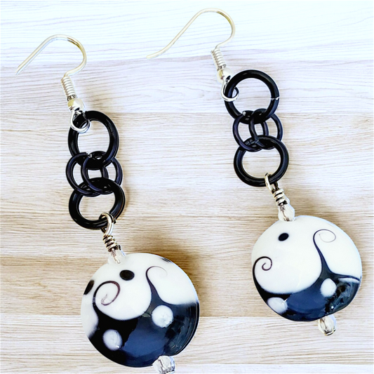 Boho Ceramic Drop Earrings – Handmade Black & White 20mm Beads with Silver Rings & Hooks, 2” Long