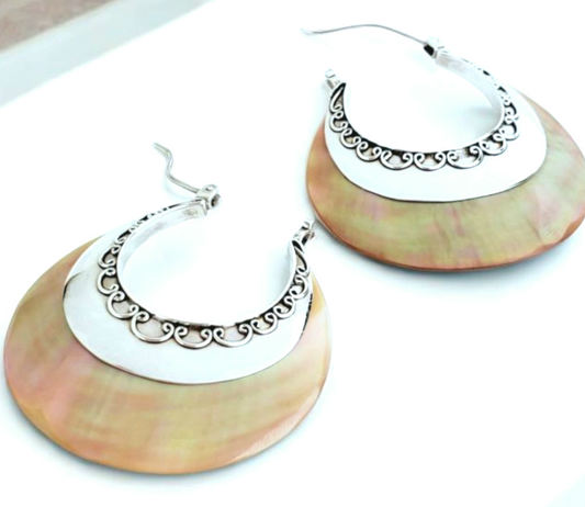 Sterling Silver Mother of Pearl Earrings – Handmade Shell Dangle Earrings, 2” Long x 1.5” Wide